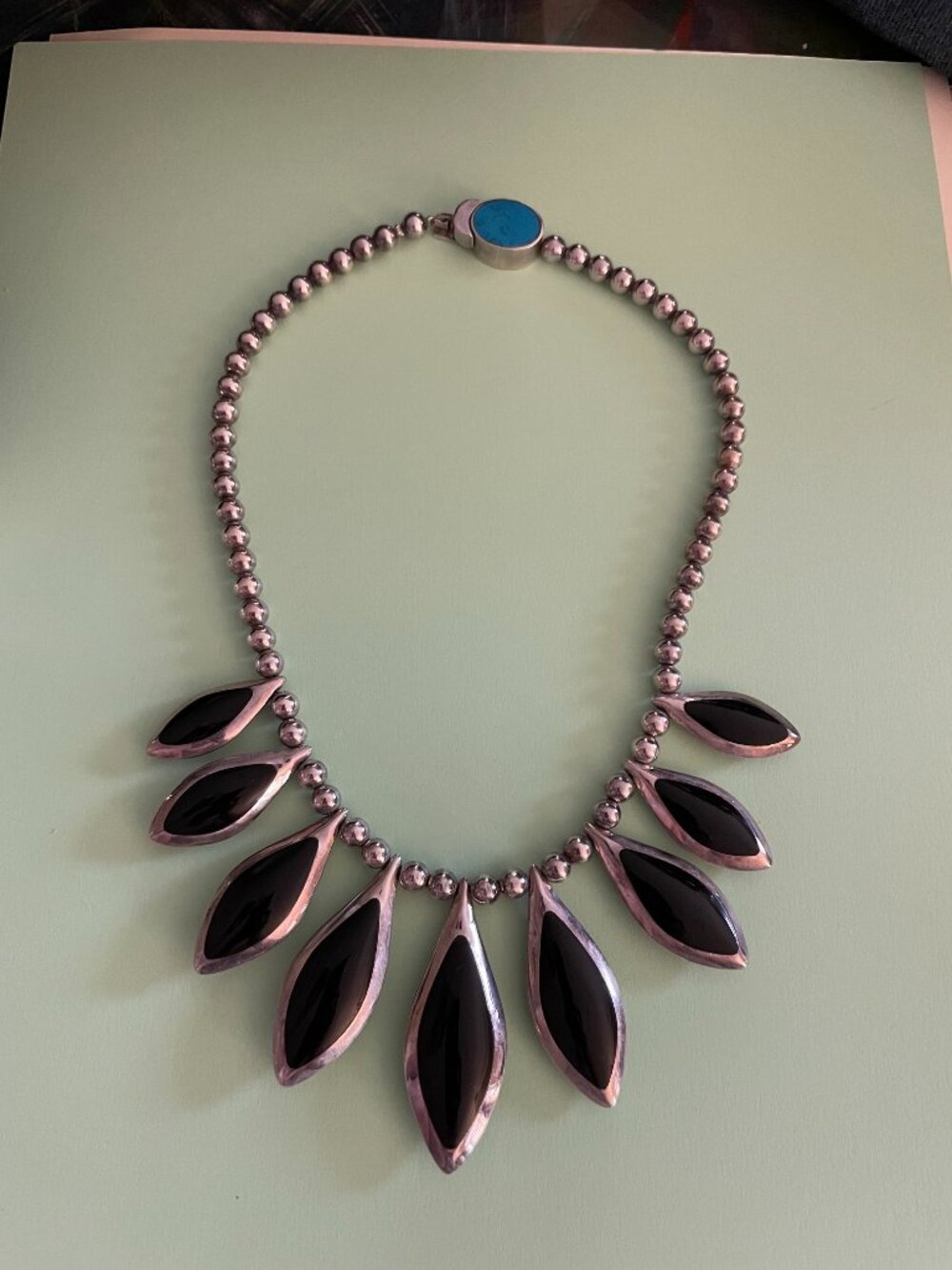 Vintage Taxco Sterling Silver Necklace 16" Reversible Onyx 111 grams 950 Mexico - Picture 2 of 16